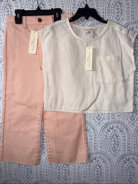 Copper Key Cream Linen Crop Top & Blush Pink Wide Leg Denim Pant Set Size 6X NWT
